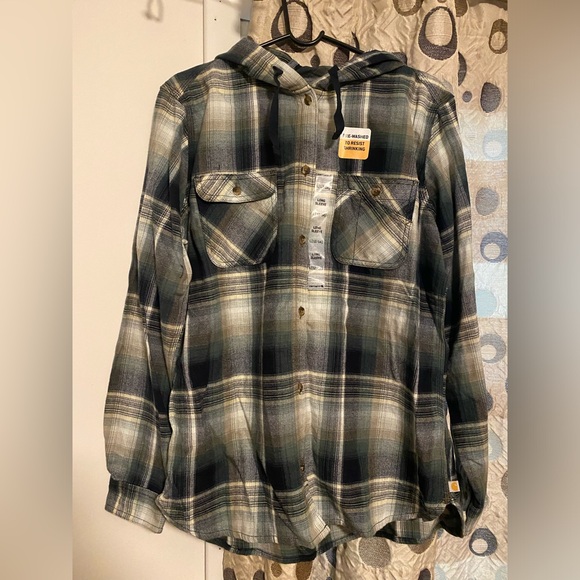 Carhartt Tops - Carhartt Women’s long sleep button up flannel with hood. Size L. NWT